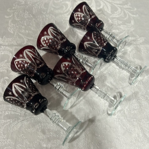 Six Vintage 6 ounce Jewel Cut Bohemian Blood Red Crystal Cordial Glasses. Lovely - Picture 6 of 8